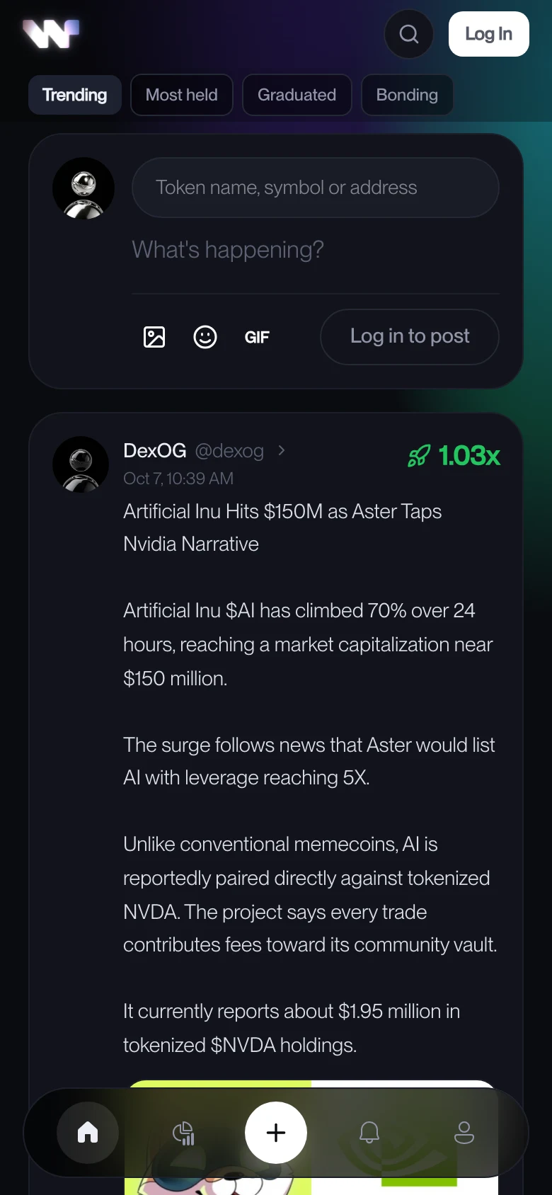 WeHold on a phone: the feed with a tagged token post