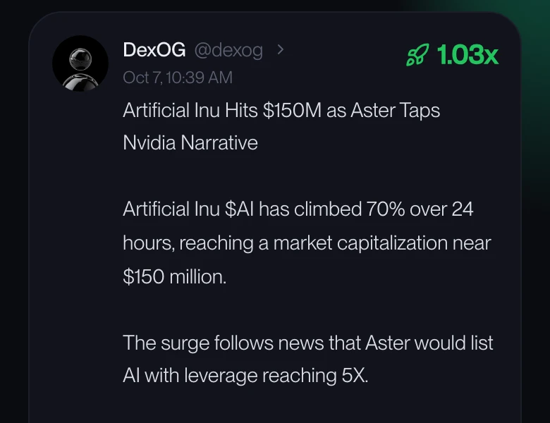 Part of a WeHold post with a rocket multiplier showing how far the token ran since