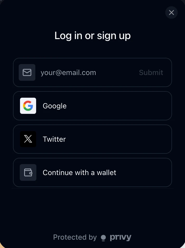 The log in dialog with email, Google, X and wallet options