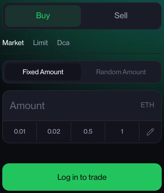 The trade panel with Buy and Sell, Market, Limit and DCA tabs and amount presets