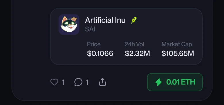 A tagged token's live price, volume and market cap, and the Quick Buy button on the post